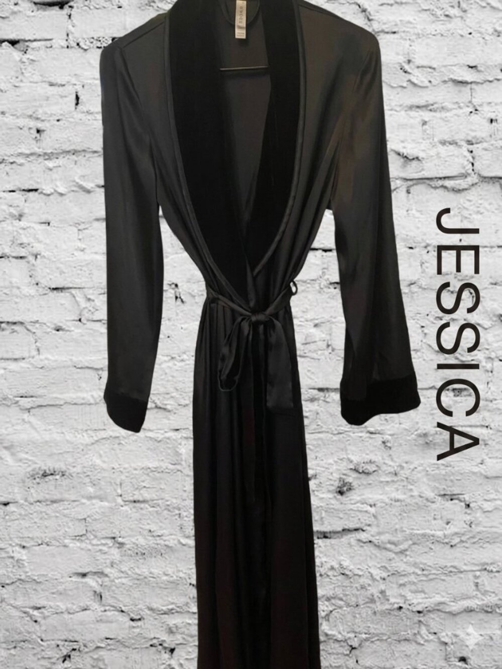 JESSICA Vintage Black Satin Velvet Trim Longline Robe Gown SM MD 8 12